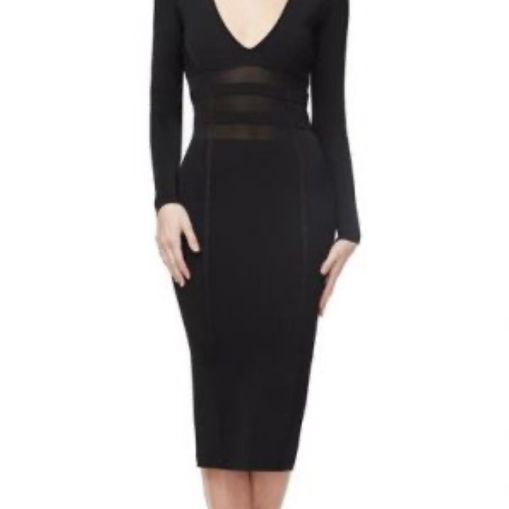 Good American Low Down Stretch Black Long Sleeve Dress Mesh Waist Large 3